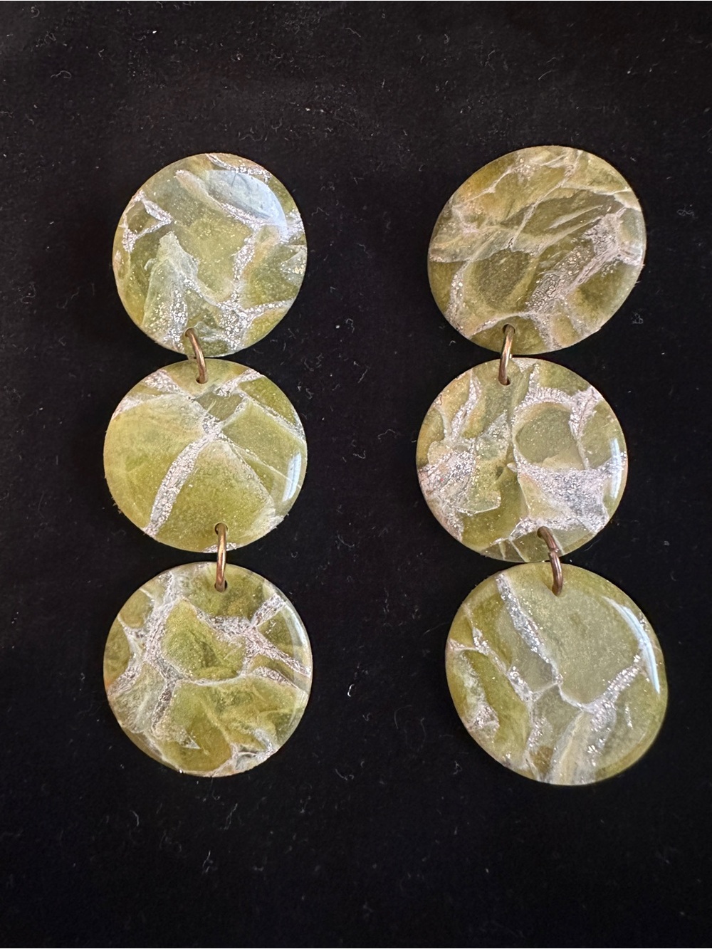 Handcrafted Olive Green Triple Disc Drop Earrings